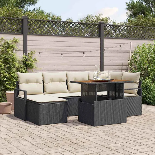 Ensemble de canapé de jardin 7 pcs Noir et Crème