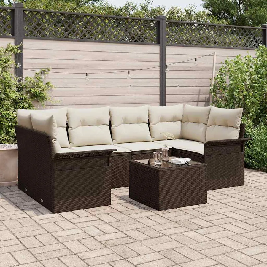 Ensemble de canapé de jardin 7 pcs Marron et Crème polyrotin