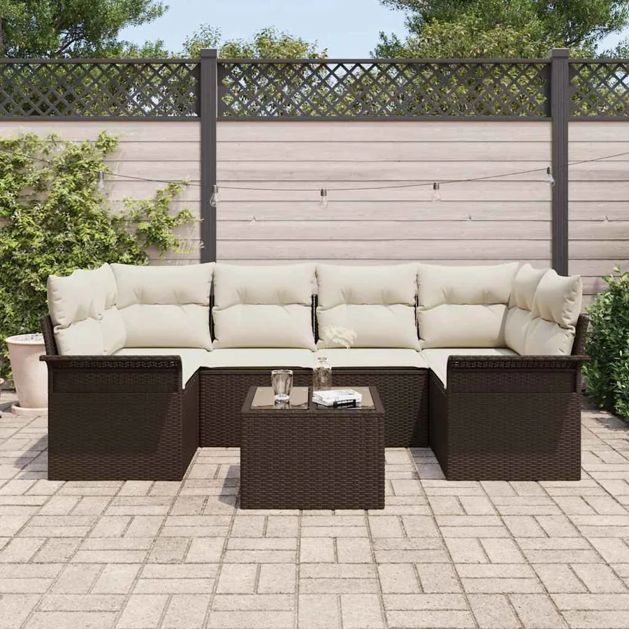 Ensemble de canapé de jardin 7 pcs Marron et Crème polyrotin - 3