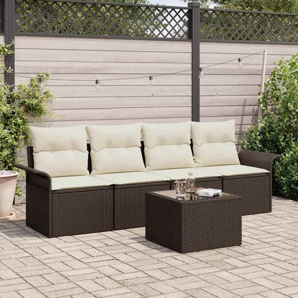 Ensemble de canapé de jardin 5 pcs Marron et Crème polyrotin