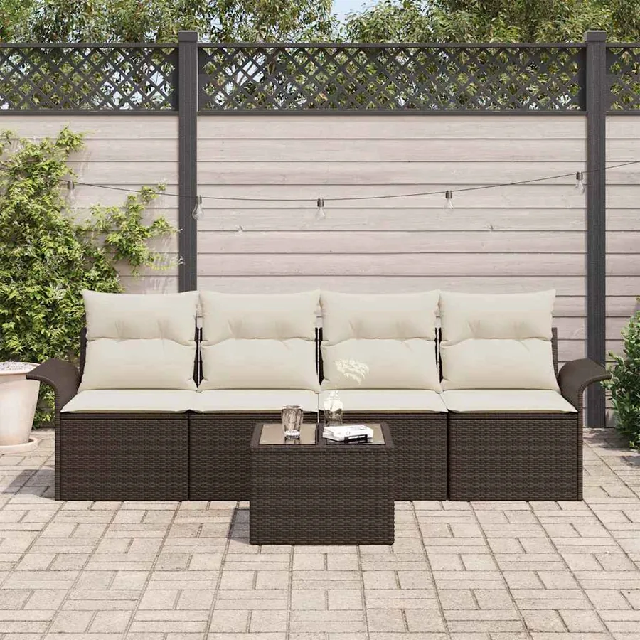 Ensemble de canapé de jardin 5 pcs Marron et Crème polyrotin - 3