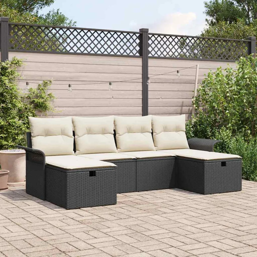 Ensemble de canapé de jardin 6 pcs Noir et Crème polyrotin