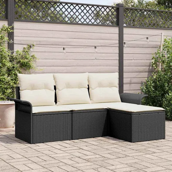 Ensemble de Canapés avec coussin 4 pcs Noir et Crème polyrotin