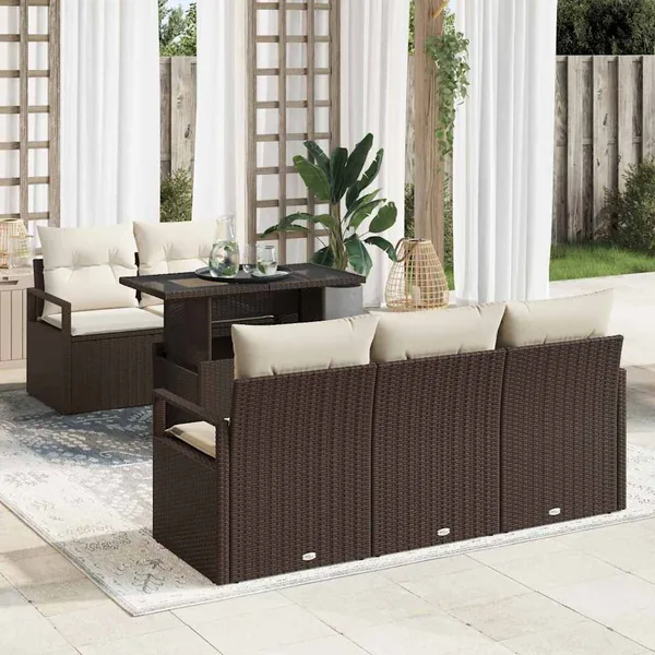 Ensemble de canapé de jardin 6 pcs Marron et Crème polyrotin