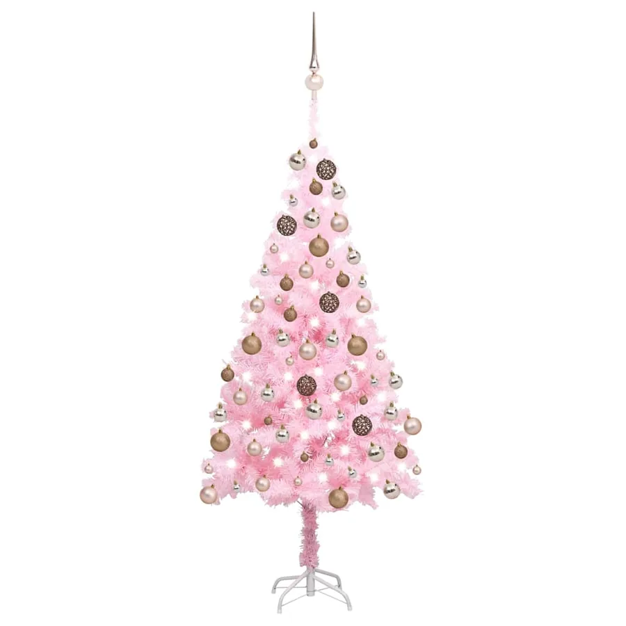 Arbre de Noël artificiel pré-éclairé et boules rose 180 cm PVC