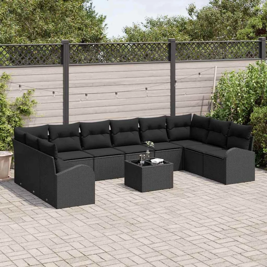 Ensemble de canapé de jardin avec coussin 11 pcs Noir polyrotin - 3