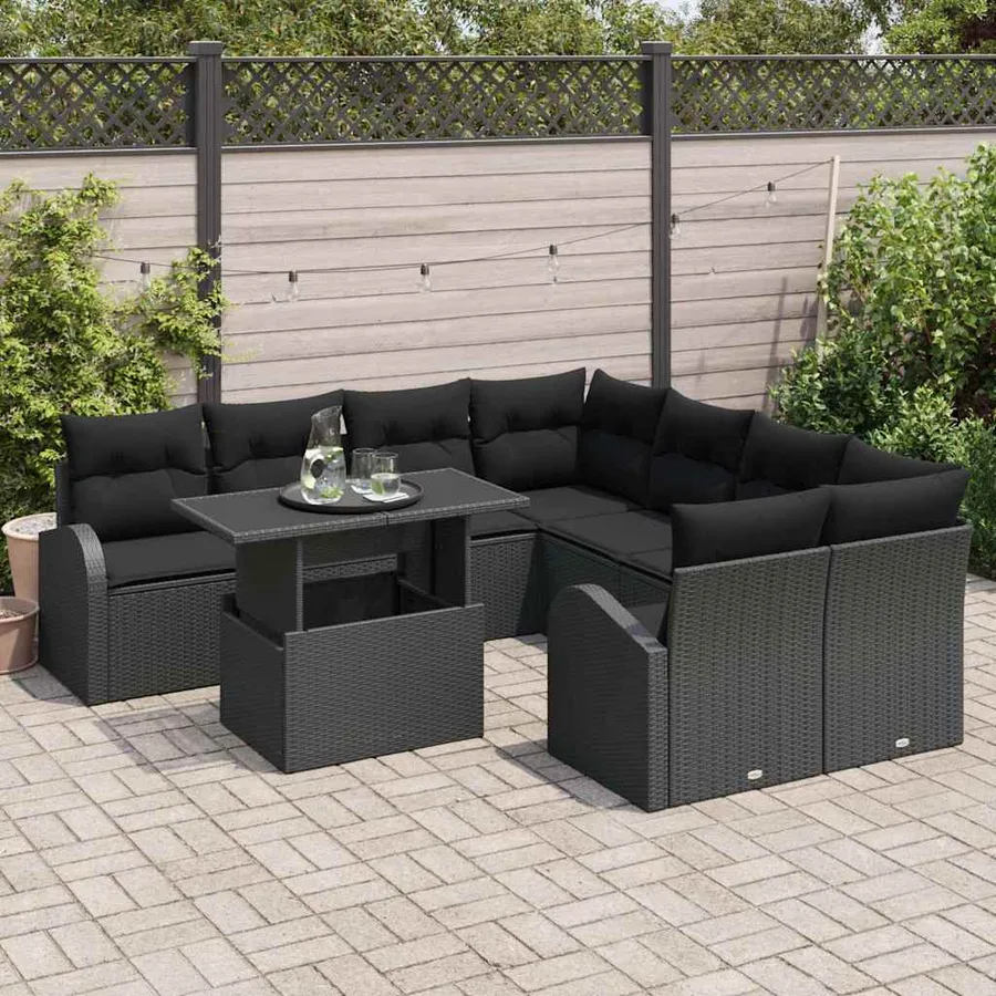 Ensemble de canapé de jardin 9 pcs Noir Poly Rattan - 3