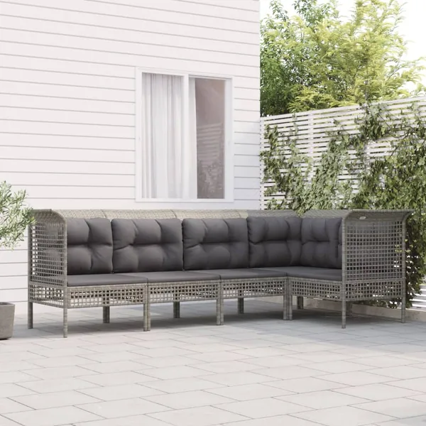 Salon de jardin 5 pcs avec coussins Gris Résine tressée