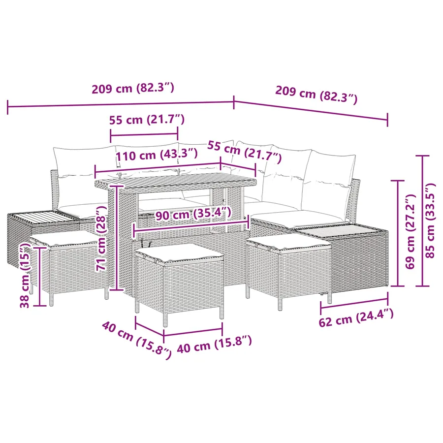 Ensemble de canapé de jardin avec coussin 9 pcs Gris - 15
