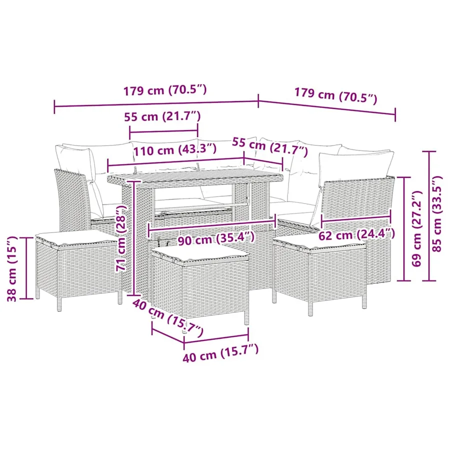 Ensemble de canapé de jardin avec coussin 9 pcs Gris - 12