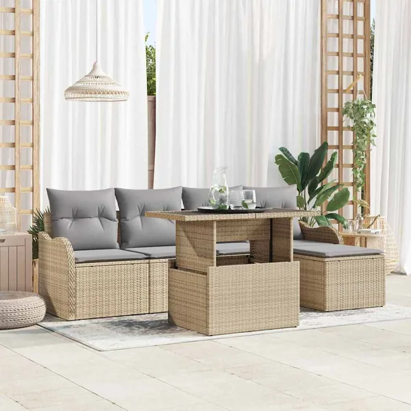 Ensemble de canapé de jardin avec coussin 6 pcs Beige Polyrotin