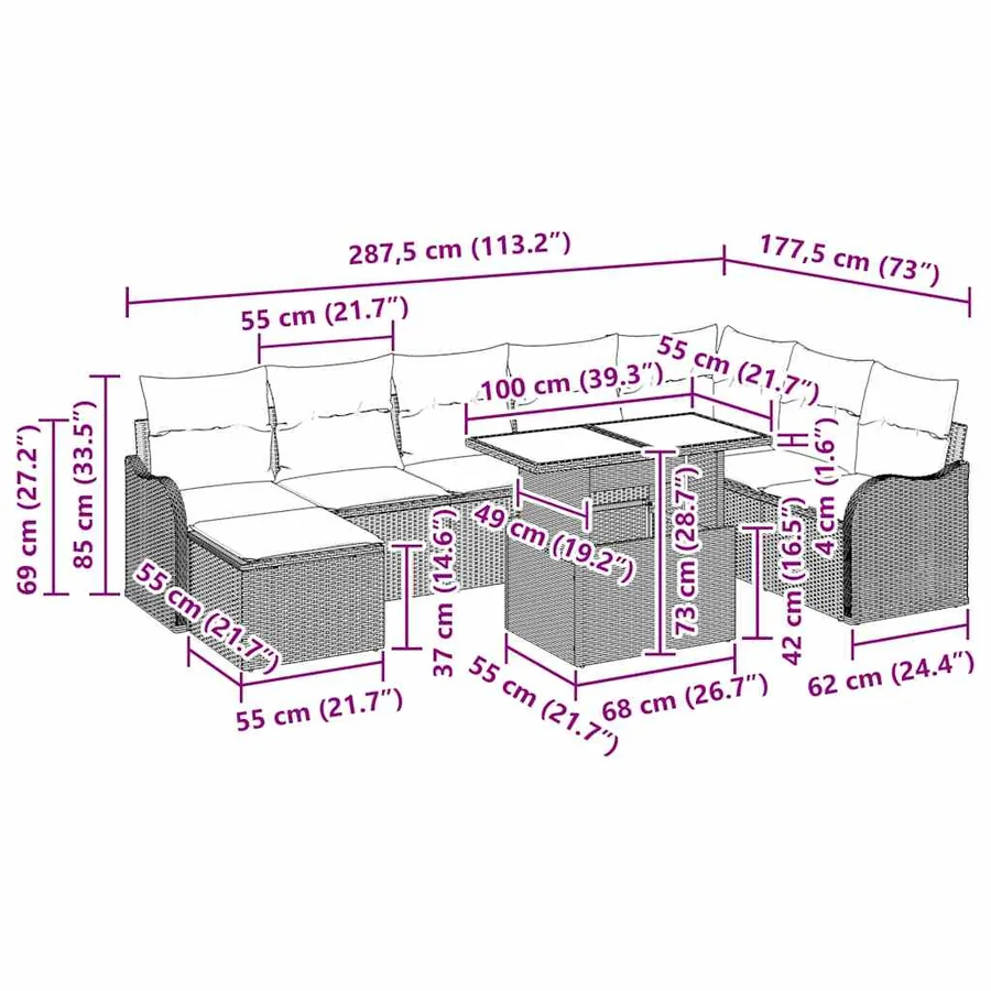Ensemble de canapé de jardin 9 pcs Beige Poly rotin - 17