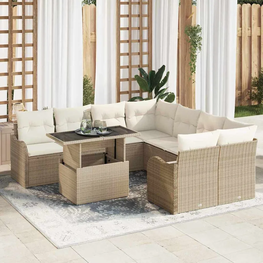 Ensemble de canapé de jardin avec coussin 9 pcs Beige Polyrotin