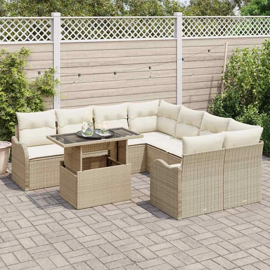 Ensemble de canapé de jardin avec coussin 9 pcs Beige Polyrotin - 3