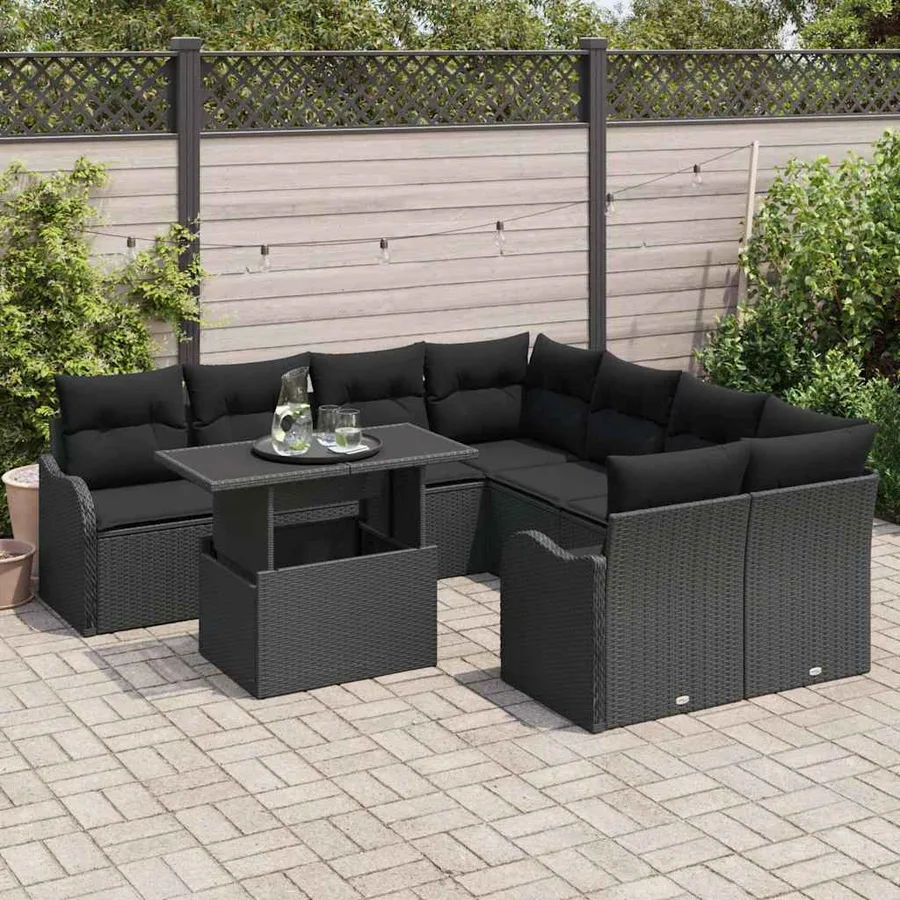 Ensemble de canapé de jardin avec coussin 9 pcs Noir Polyrotin - 3