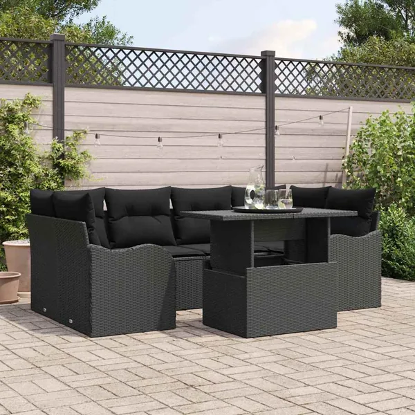 Ensemble de canapé de jardin 7 pcs Noir Poly Rattan