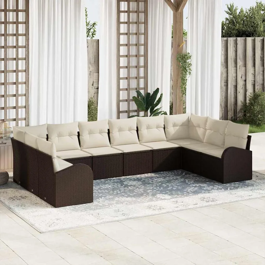 Ensemble de canapé de jardin 10 pcs Marron et blanc polyrotin