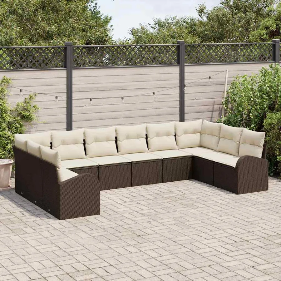 Ensemble de canapé de jardin 10 pcs Marron et blanc polyrotin - 3