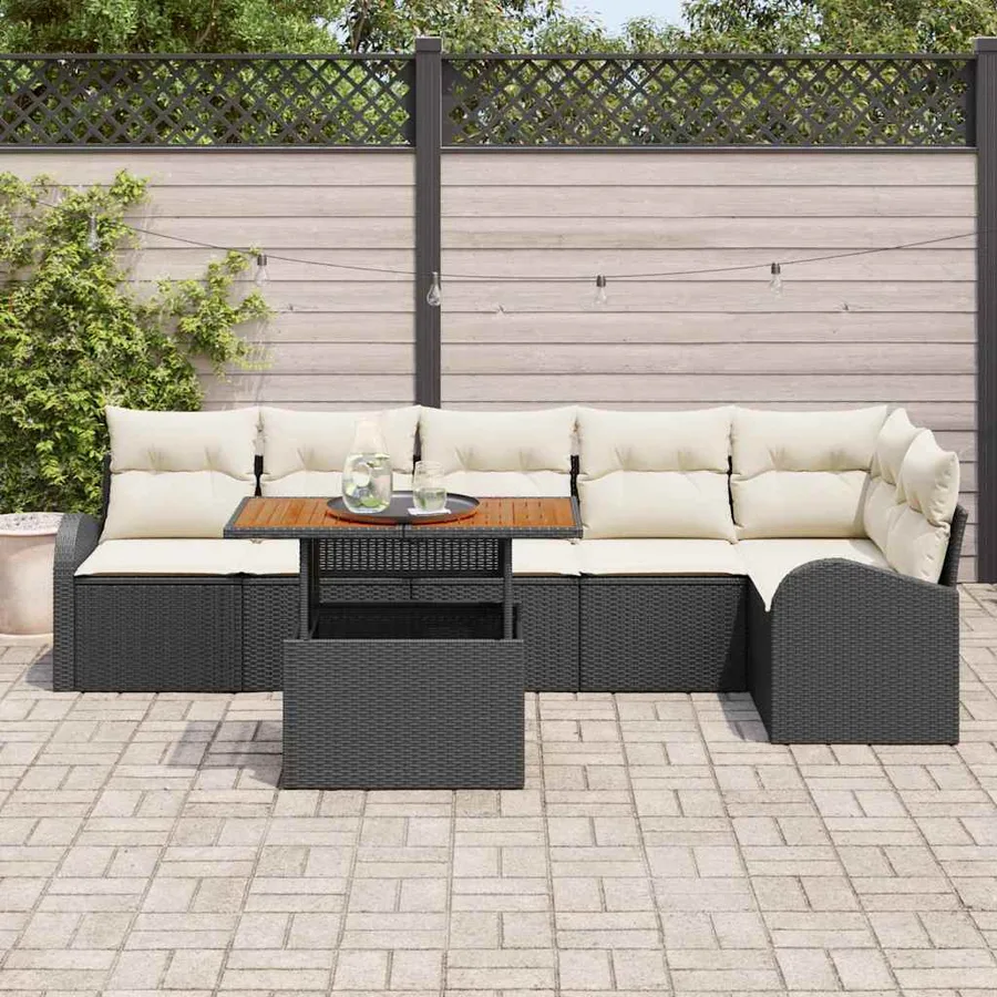 Ensemble de canapé de jardin avec coussin 7 pcs Noir et Crème - 3