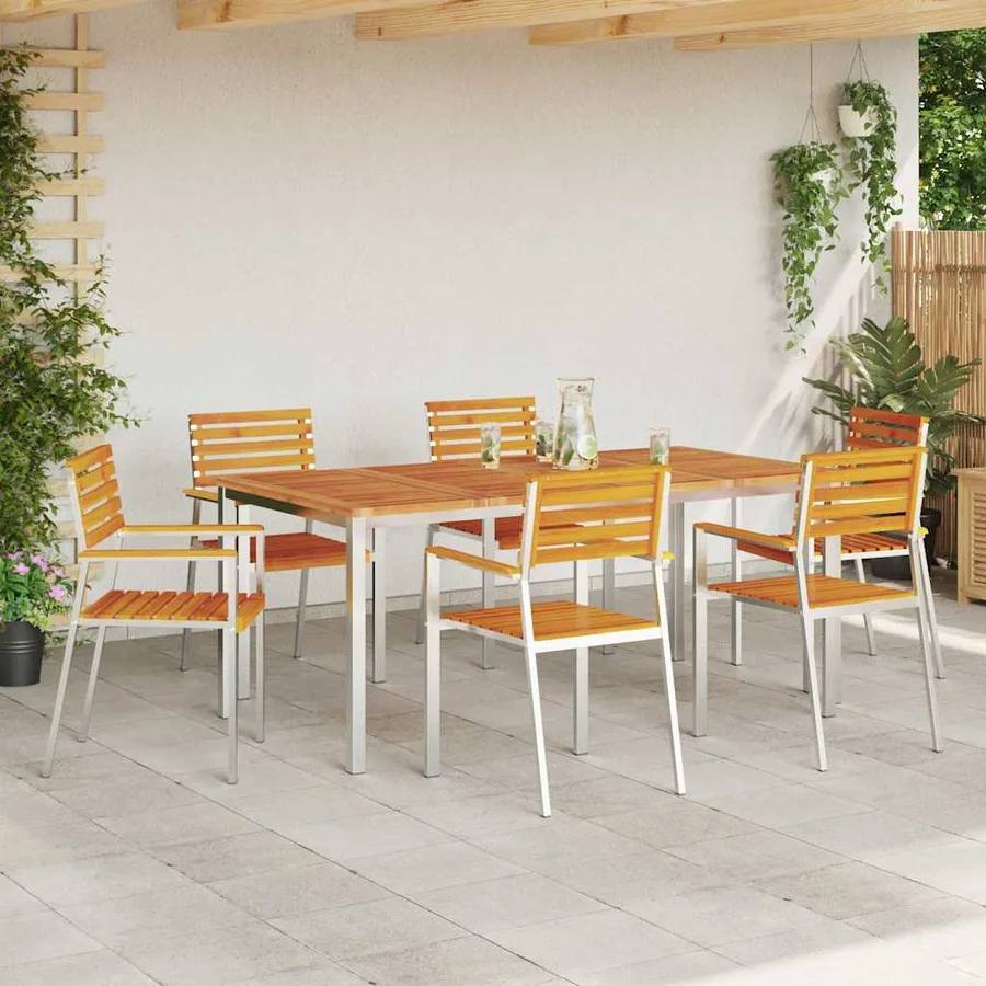 Chaise de jardin 6 pcs Bois d'acacia massif et acier inoxydable - 3