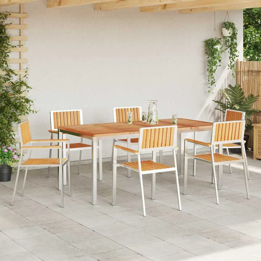 Chaise de jardin 6 pcs Bois de teck massif et acier inoxydable - 3