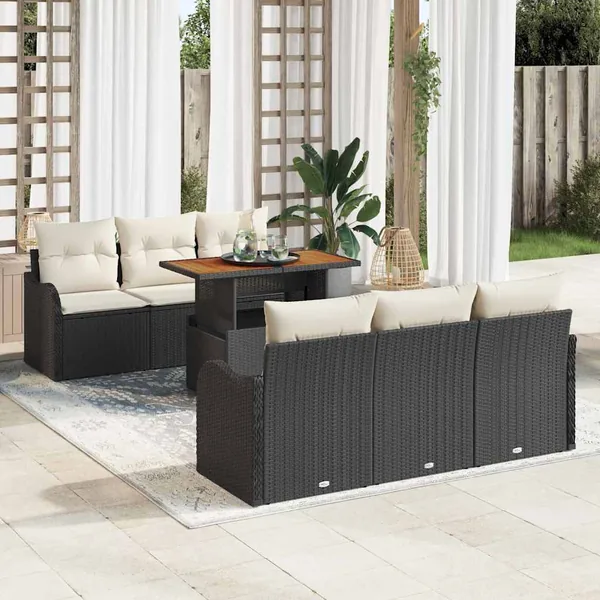 Ensemble de canapé de jardin 7 pcs Noir et Crème polyrotin