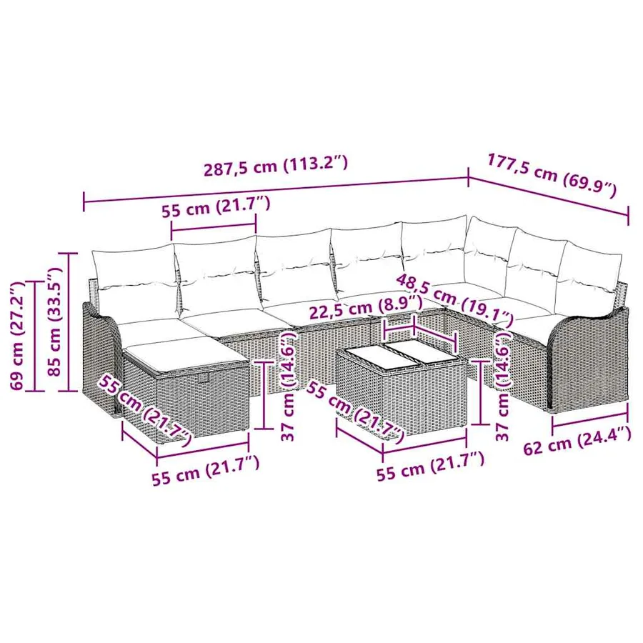 Ensemble de Canapés avec coussin 9 pcs Noir et Crème polyrotin - 11