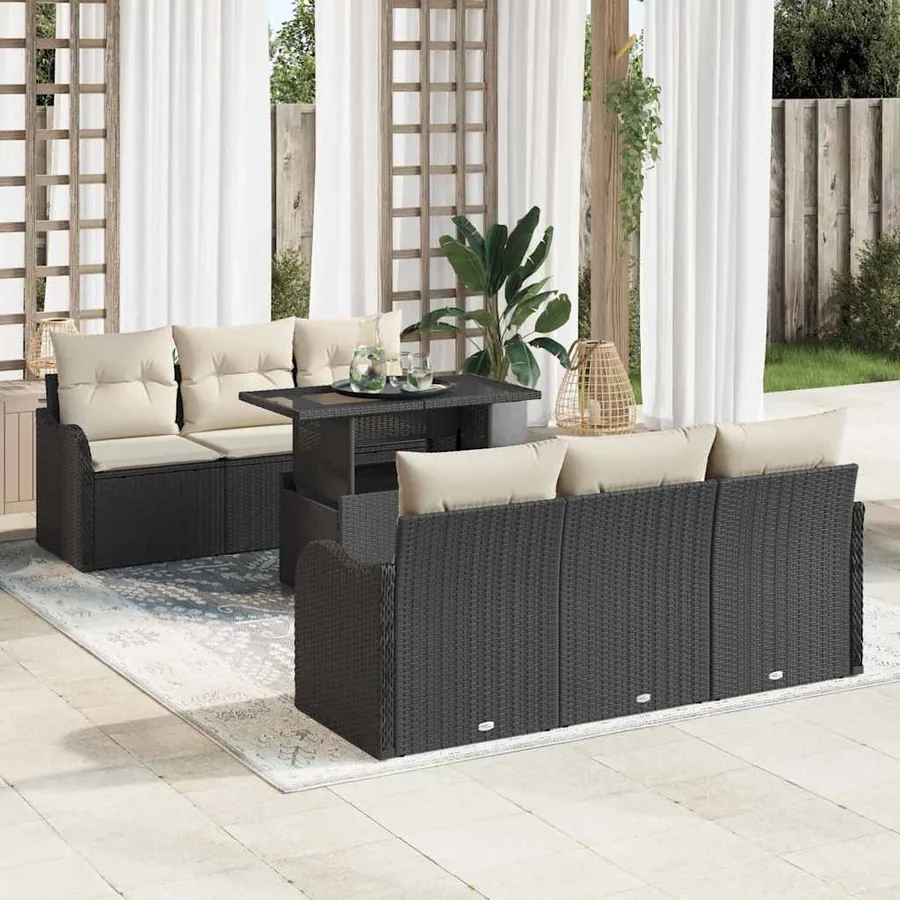 Ensemble de canapé de jardin 7 pcs Noir Poly Rattan