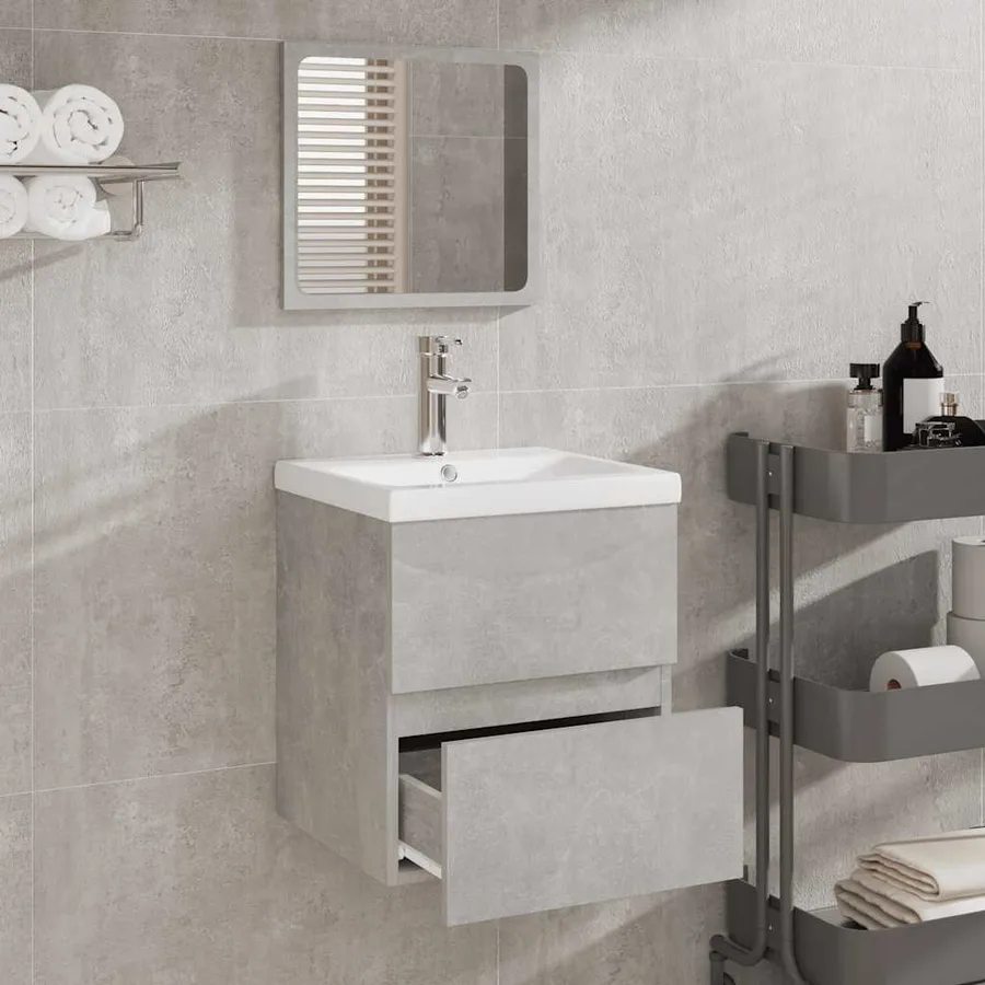 Armoire de bain avec miroir gris béton bois d'ingénierie - 3