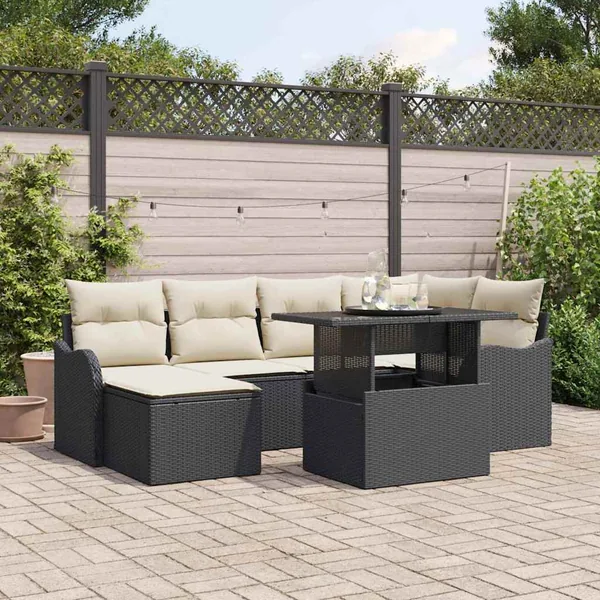 Ensemble de canapé de jardin avec coussin 7 pcs Noir Poly rotin