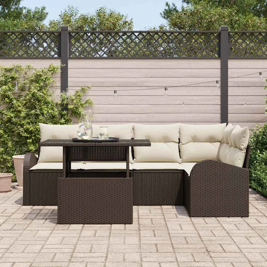 Ensemble de canapé de jardin 6 pcs Marron et Crème polyrotin - 3