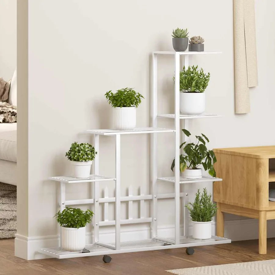 Support pour plantes sur roues 94,5x25x92,5 cm Blanc Métal