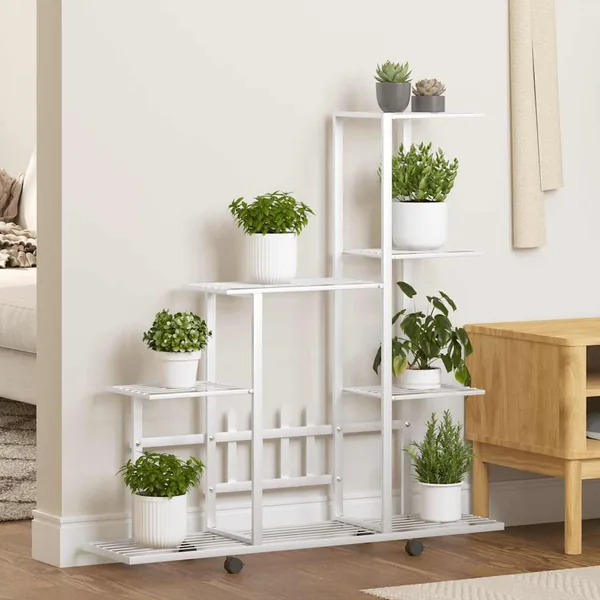 Support pour plantes sur roues 94,5x25x92,5 cm Blanc Métal
