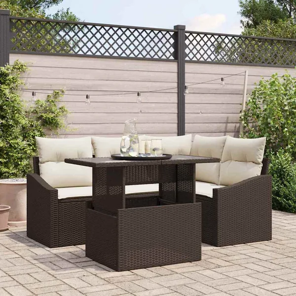 Ensemble de canapé de jardin 5 pcs Marron et Crème polyrotin