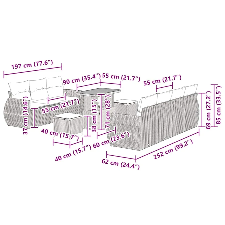 Ensemble de canapé de jardin avec coussin 10 pcs Gris polyrotin - 15