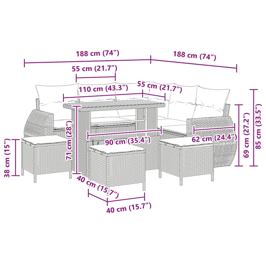 Ensemble de canapé de jardin 9 pcs 8-Nombre de places Noir - 18