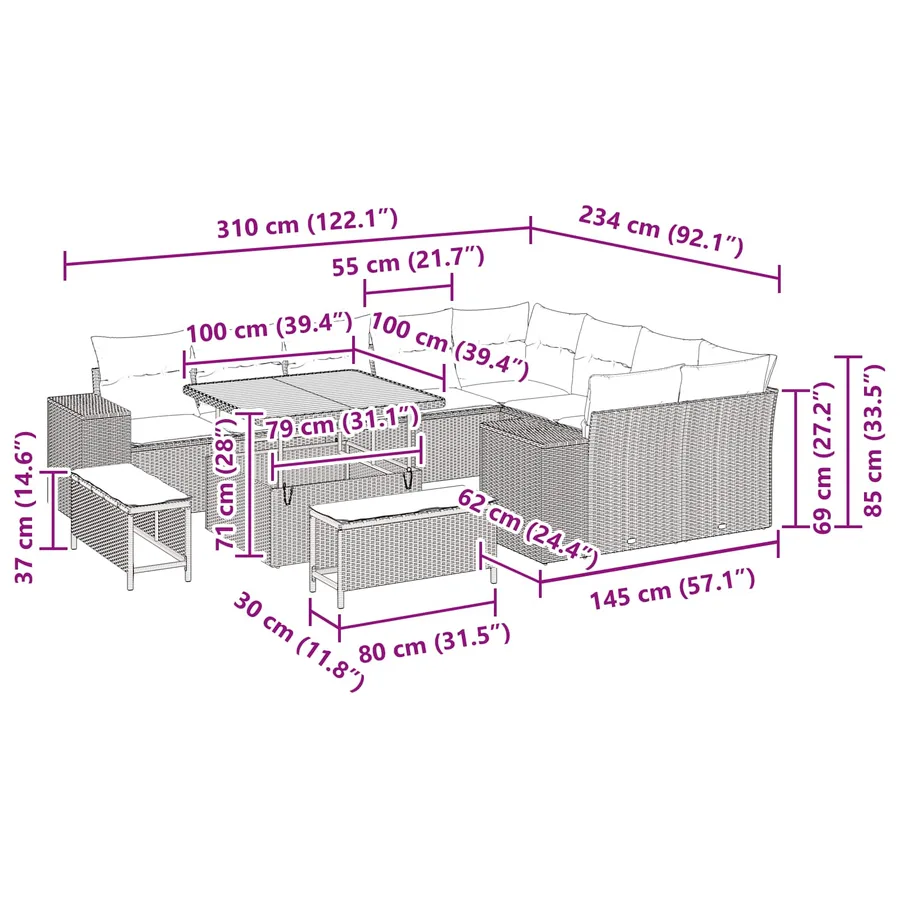 Ensemble de canapé de jardin avec coussin 12 pcs Noir - 18