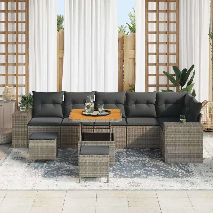 Ensemble de canapé de jardin avec coussin 9 pcs Gris polyrotin - 3