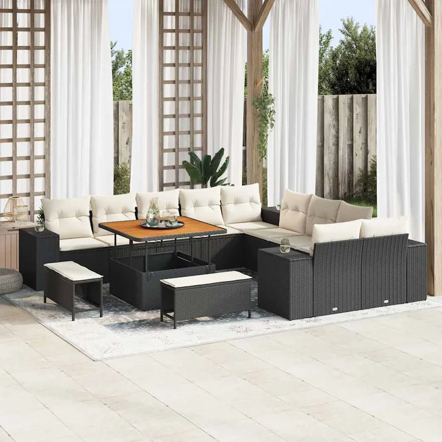 Ensemble de canapé de jardin 13 pcs Noir et Crème polyrotin