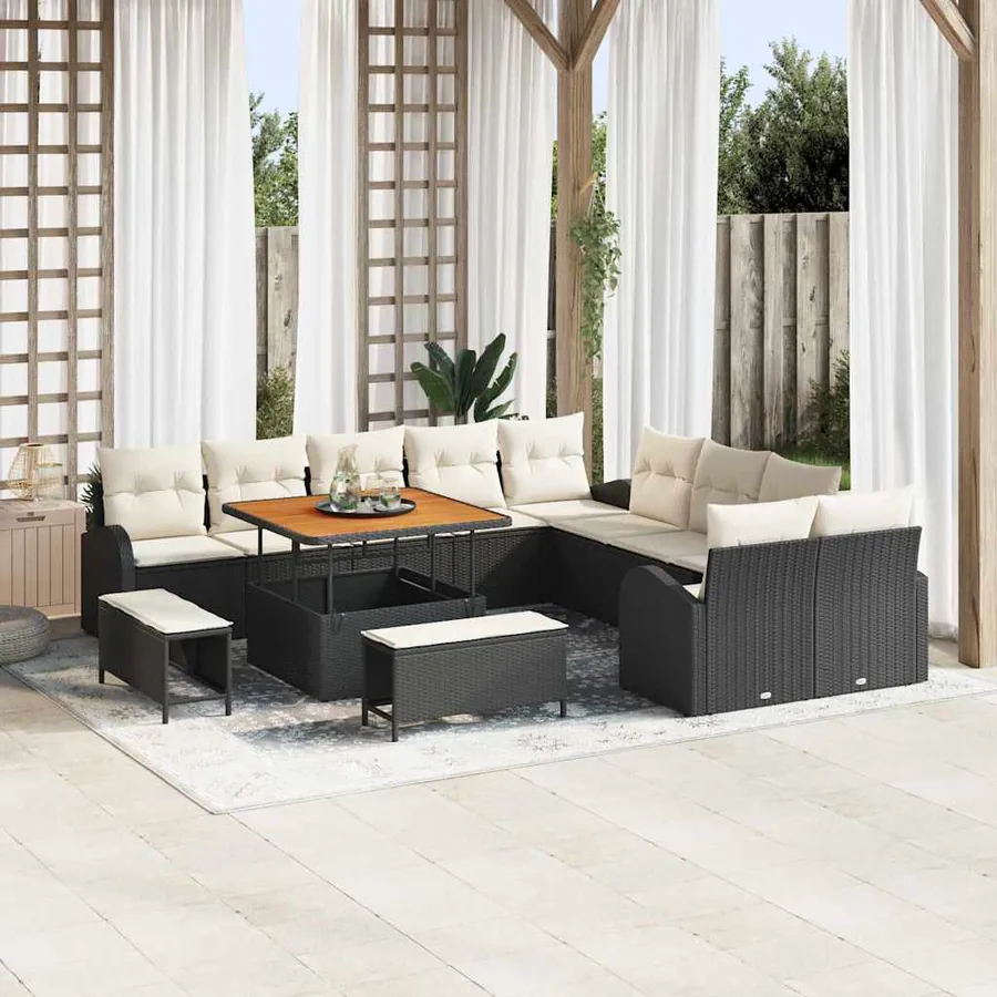 Ensemble de canapé de jardin avec coussin 13 pcs Noir et Crème