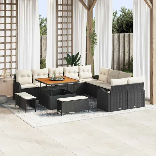 Ensemble de canapé de jardin avec coussin 13 pcs Noir et Crème