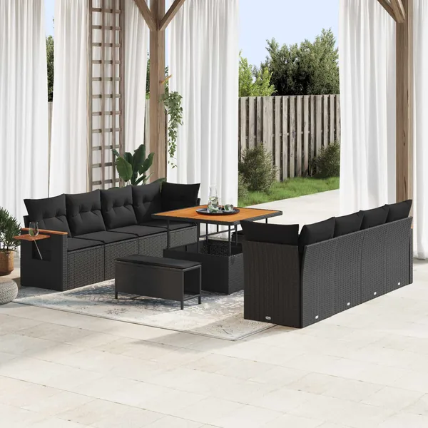 Ensemble de canapé de jardin avec coussin 12 pcs Noir polyrotin