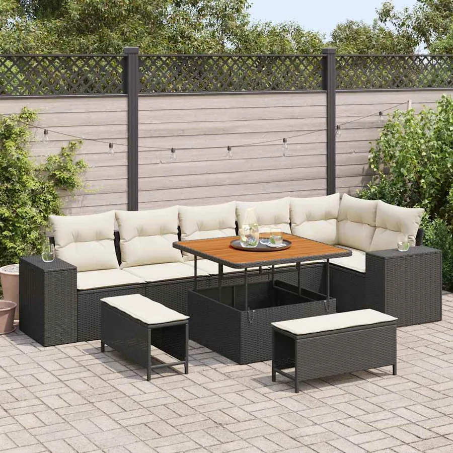 Ensemble de canapé de jardin 9 pcs Noir et Crème polyrotin