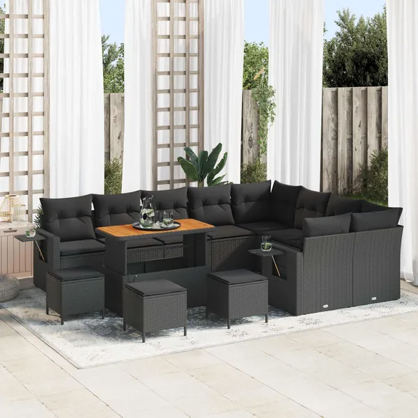 Ensemble de canapé de jardin avec coussin 13 pcs Noir polyrotin