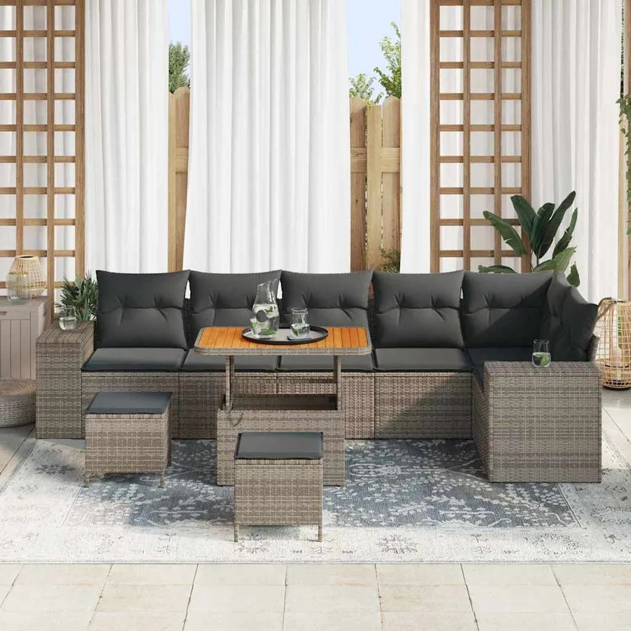 Ensemble de canapé de jardin avec coussin 9 pcs Gris polyrotin - 3