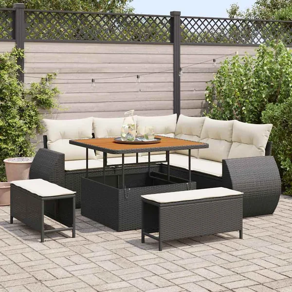 Ensemble de canapé de jardin 8 pcs Noir et Crème polyrotin