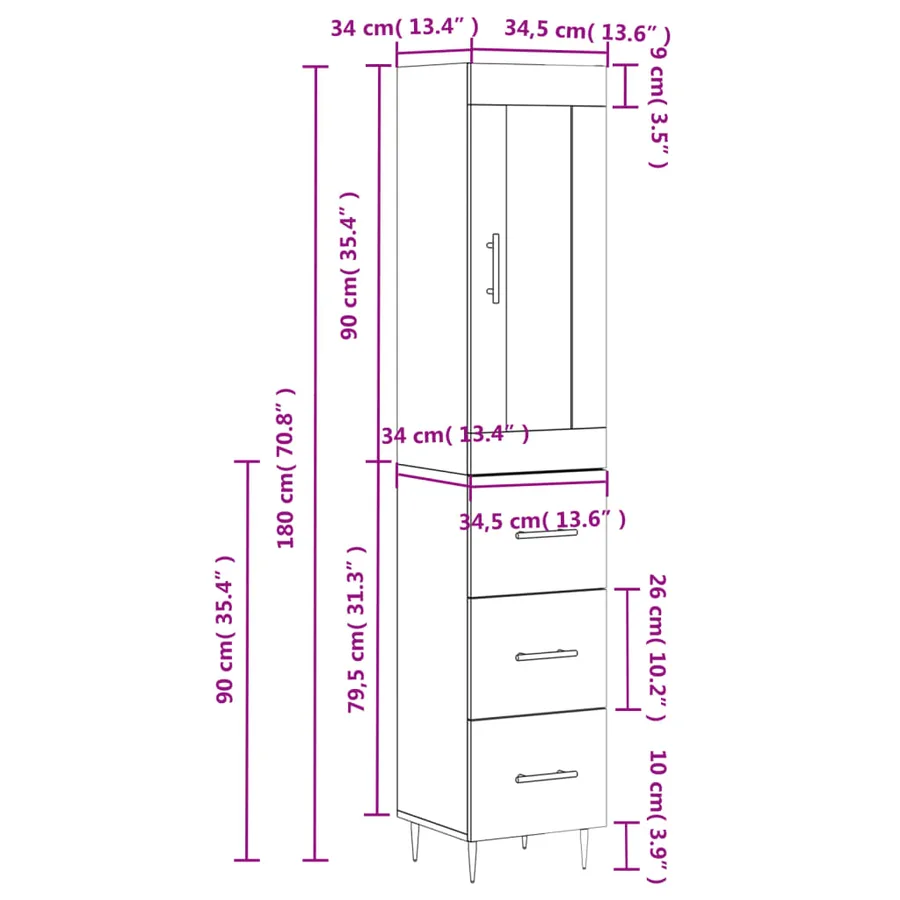 Buffet haut Chêne fumé 34,5x34x180 cm Bois d'ingénierie - 14