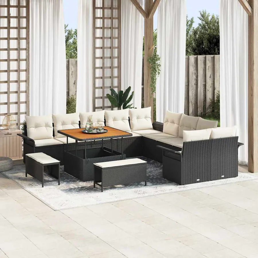 Ensemble de canapé de jardin avec coussin 13 pcs Noir et Crème