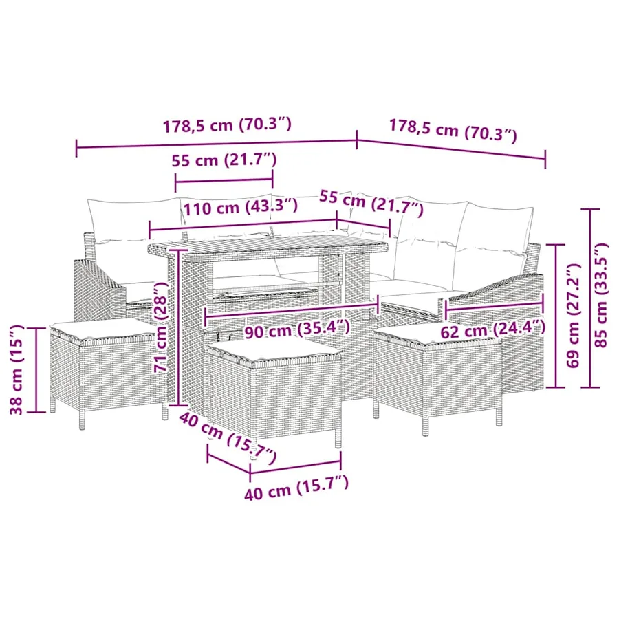 Ensemble de canapé de jardin avec coussin 9 pcs Noir Poly rotin - 18