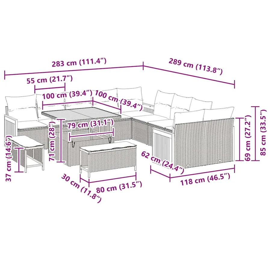 Ensemble de canapé de jardin 17 pcs Noir et Crème polyrotin - 12